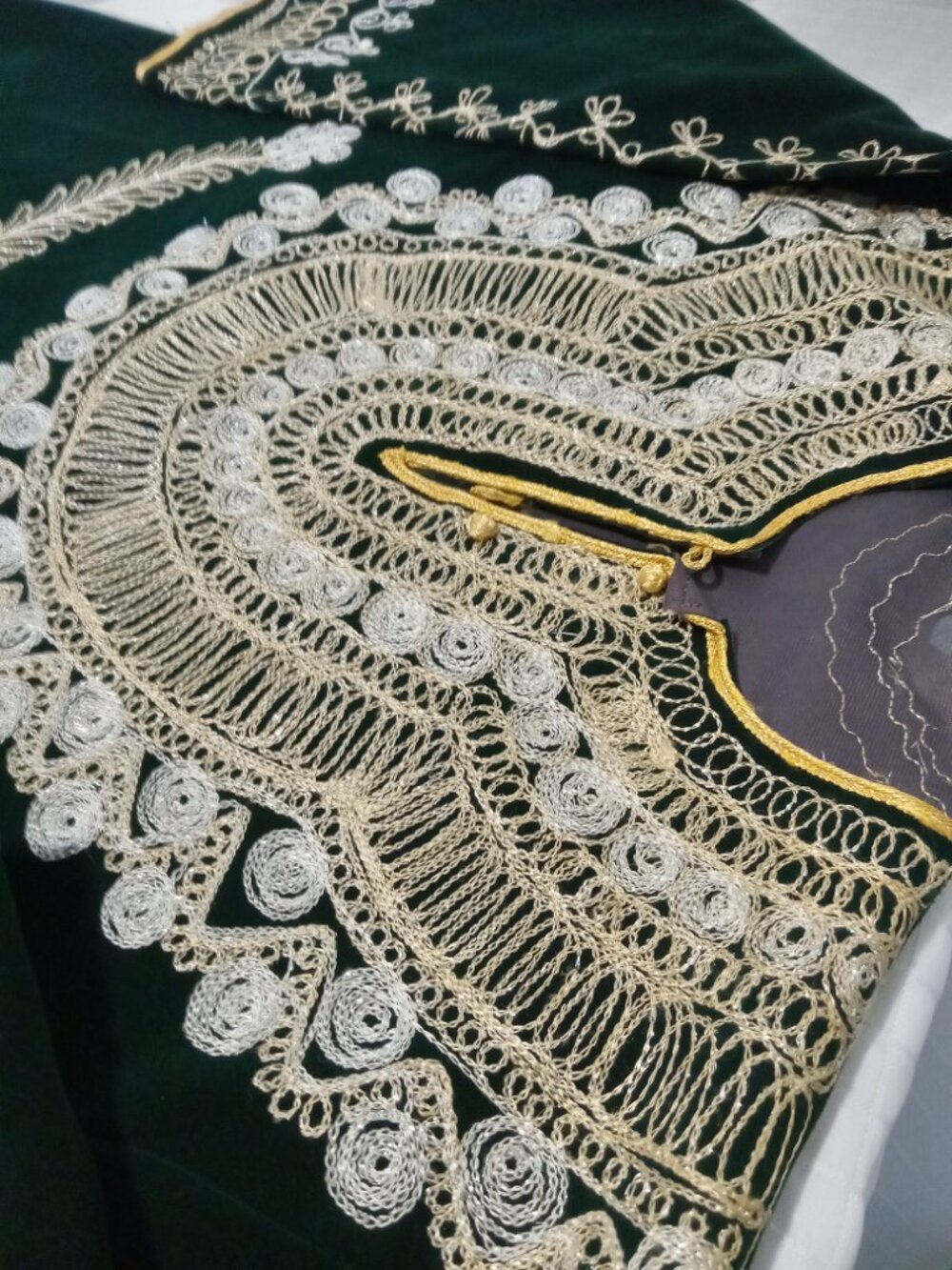 Handmade green velvet tunic in a traditional style, gold embroidery & beaded